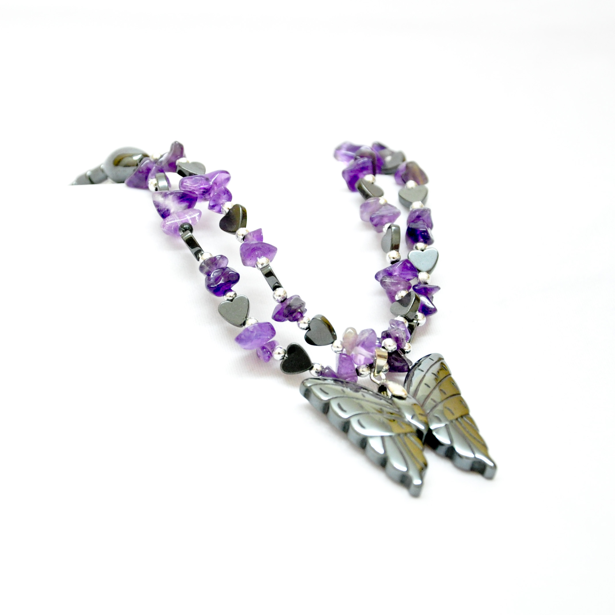 Hematite and amethyst butterfly necklace